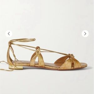 Aquazzura ‘Cala di Volpe’ Gold Metallic Snakeskin Leather Lace Up Flat Sandals